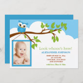 甘いベビーフクロウ少年の写真誕生のお知らせ 案内状 (正面/裏面)