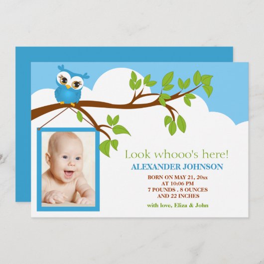 甘いベビーフクロウ少年の写真誕生のお知らせ 案内状 (正面/裏面)