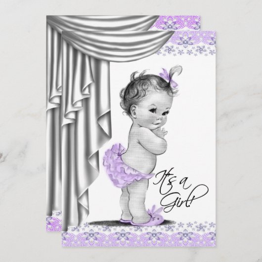 甘いベビーラベンダーとグレーベビーシャワー 招待状 (正面/裏面)