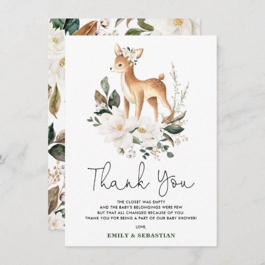 甘いベビー鹿アイボリーフローラグリーナリーシャワー サンキューカード (正面/裏面)