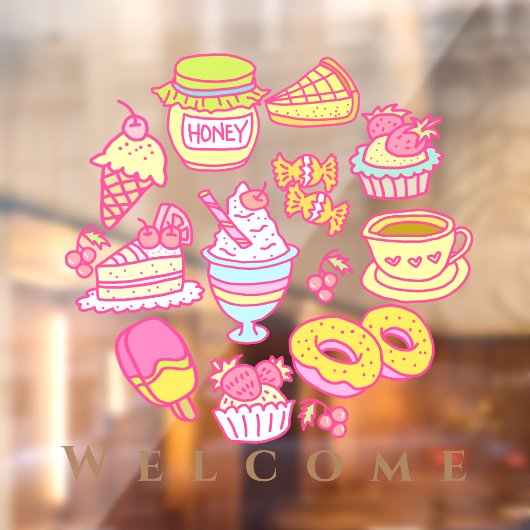 甘いベーカリーとドリンク歓迎ウィンドウにしがみつく ウィンドウサイン (シート2)