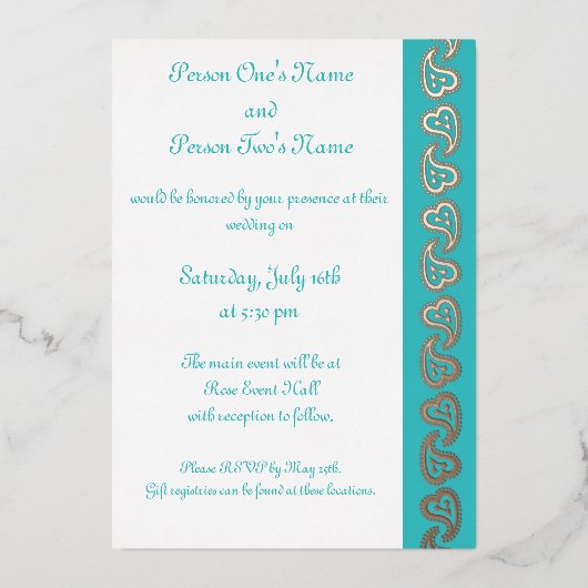 甘いペイズリーハートインターコイズフォイル招待状 箔招待状 (正面)