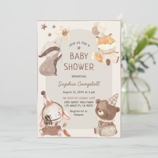 甘いボホウォーター色の動物の赤ちゃんシャワー 招待状 (スタンド正面)