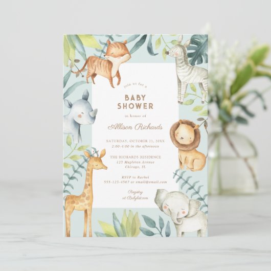 甘いボホサファリ動物のセージ少年の赤ちゃんシャワー 招待状 (スタンド正面)