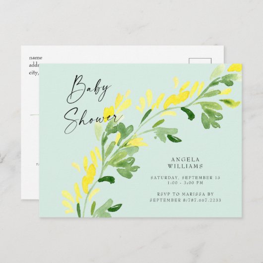 甘いミントイエローワイルドフラワーベビーシャワー インビテーションポストカード (正面/裏面)