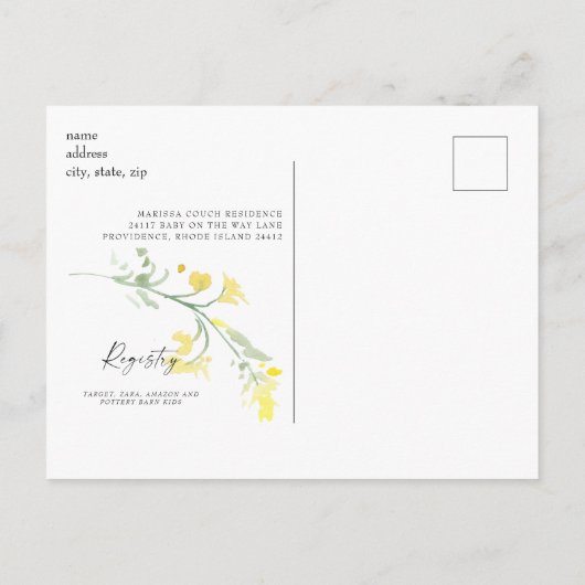 甘いミントイエローワイルドフラワーベビーシャワー インビテーションポストカード (裏面)