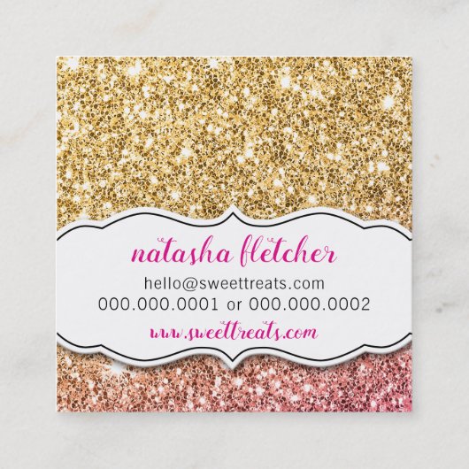 甘いモダンかわいいカップケーキベーカリーピンク金ゴールドグリッター スクエア名刺 (裏面)
