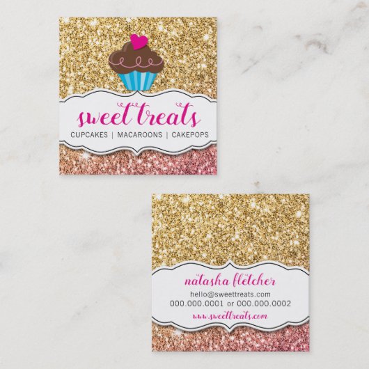 甘いモダンかわいいカップケーキベーカリーピンク金ゴールドグリッター スクエア名刺 (正面/裏面)