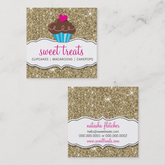 甘いモダンかわいいカップケーキベーカリーピンク金ゴールドグリッター スクエア名刺 (正面/裏面)