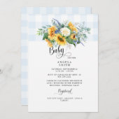 甘いライトブルーギンガムヒマワリ赤ちゃんシャワー 招待状 (正面/裏面)