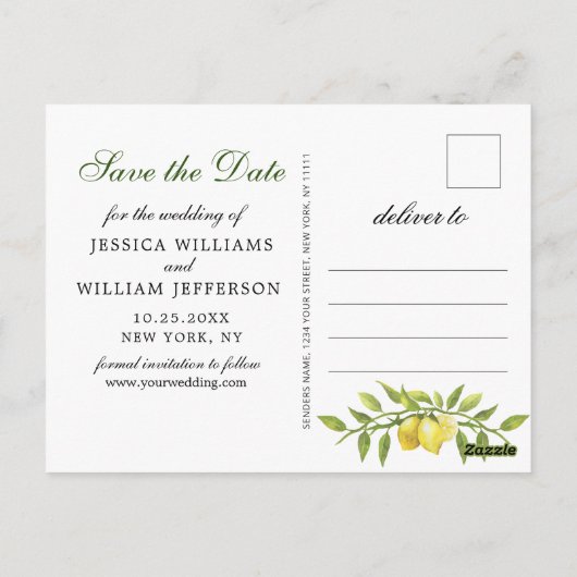 甘いレモン緑の写真ウェディング日付を保存 ポストカード (裏面)