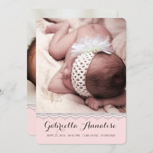 甘いレースの女の赤ちゃんの写真の誕生の発表 案内状 (正面/裏面)