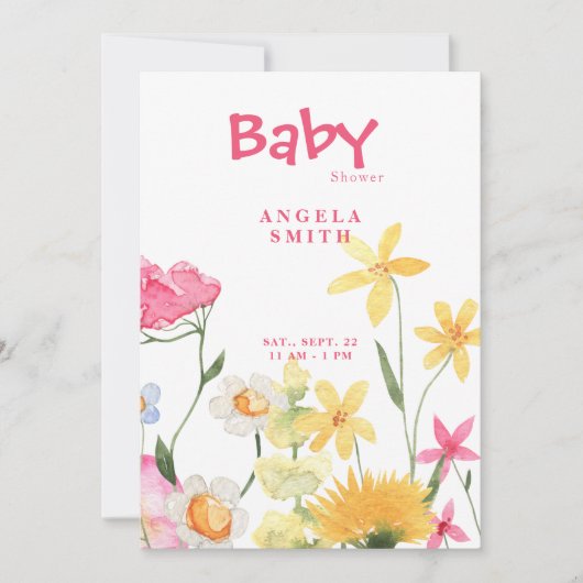 甘いワイルドフラワーカラフルのベビースシャワー 招待状 (正面)