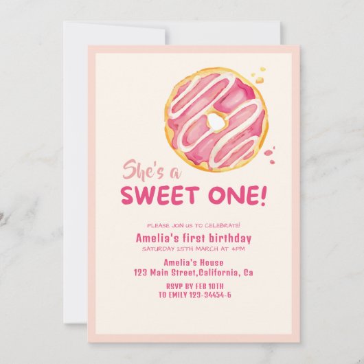 甘いワンドーナツのピンクの女の子の最初の誕生日 招待状 (正面)