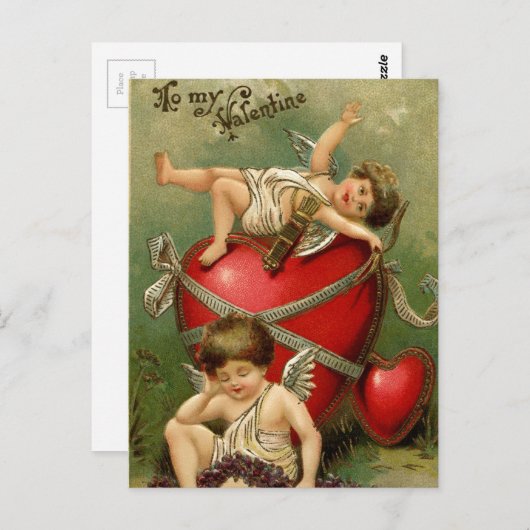 甘いヴィンテージの天使及びハート ポストカード (正面/裏面)