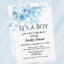 甘いヴィンテージ花模様ブルーその男の子の赤ちゃんシャワー 招待状