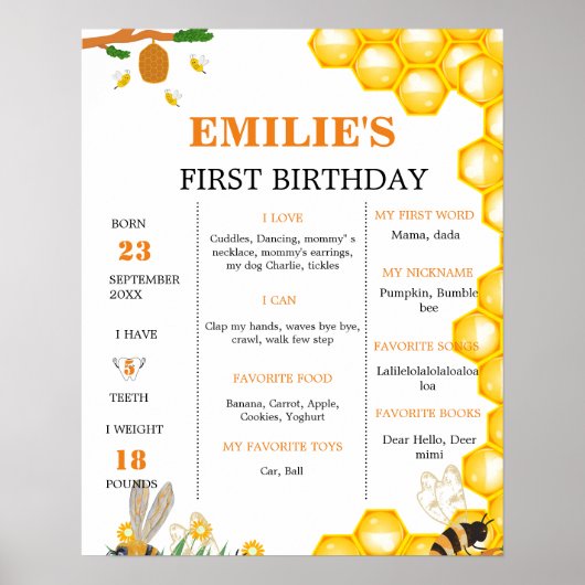 甘い一つになるベビー1st誕生日マイルストーンのサイン ポスター (正面)