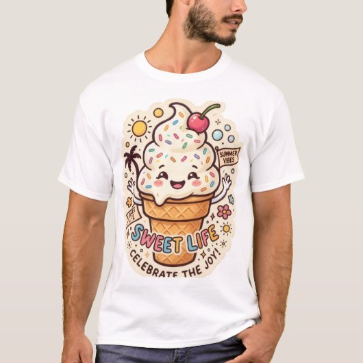 甘い人生アイスクリームステッカーTシャツ Tシャツ (正面)