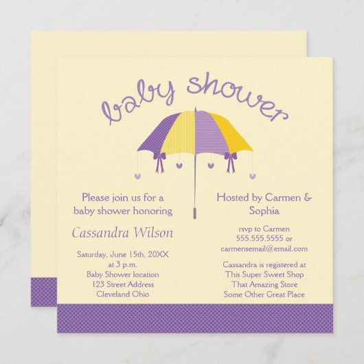 甘い傘のベビーシャワーの紫色の黄色い招待 招待状 (正面/裏面)