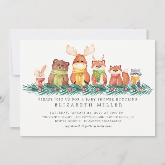 甘い冬の森の動物の赤ちゃんシャワー 招待状 (正面)