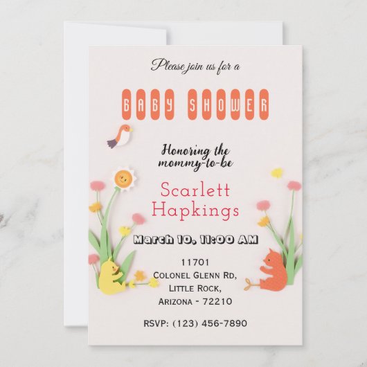 甘い動物とフローラの赤ちゃんシャワーカード 招待状 (正面)