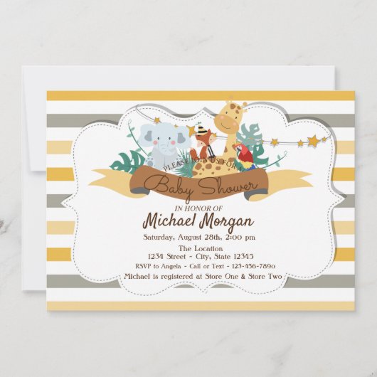 甘い動物サファリストライプのベイバシャワー 招待状 (正面)