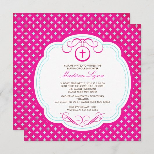 甘い十字のピンクの女の赤ちゃんの洗礼の招待状 招待状 (正面/裏面)