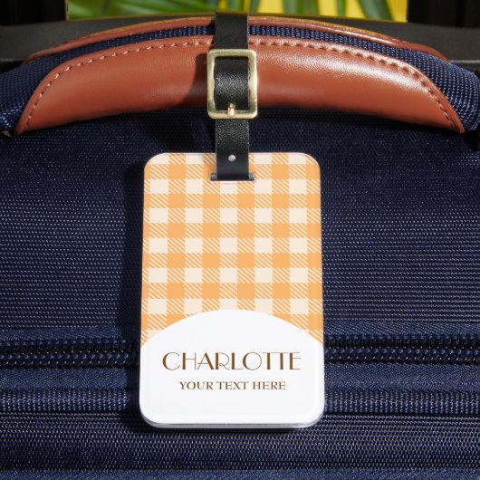 甘い可愛いおもしろい名門私立校風のオレンジのギンガムチェックの格子柄 ラゲッジタグ (正面インサイチュ2)