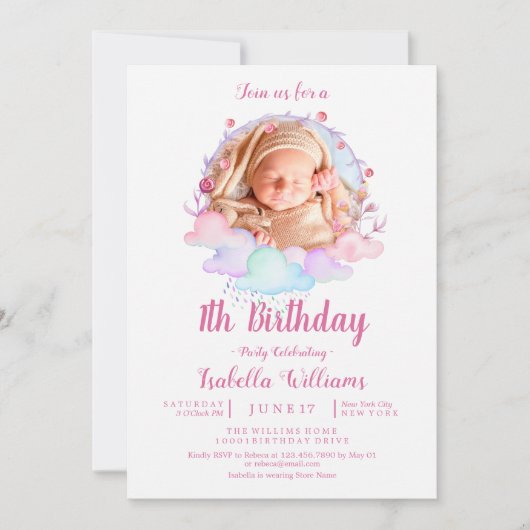 甘い可愛いユニコーンウォーター色少女ファースト誕生日 招待状 (正面)