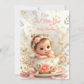 甘い可愛い桃ピンクの女の子ベビーシャワーティーカップ 招待状 (正面)