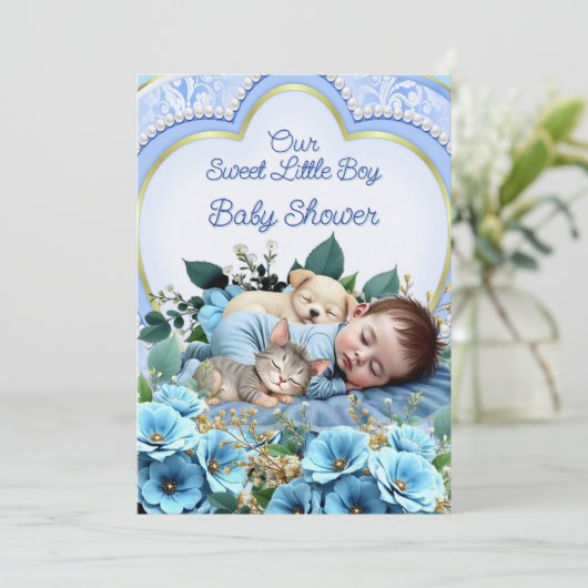 甘い可愛い青い男の子の赤ちゃんシャワー子犬の子猫 招待状 (スタンド正面)