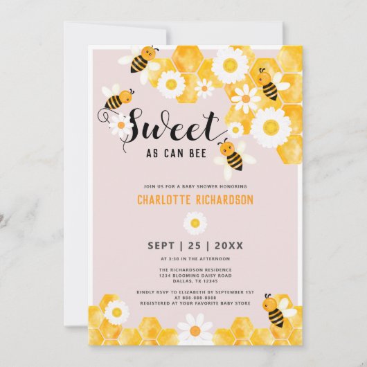 甘い可憐な黄色の蜂蜜ビーベイビーシャワー 招待状 (正面)