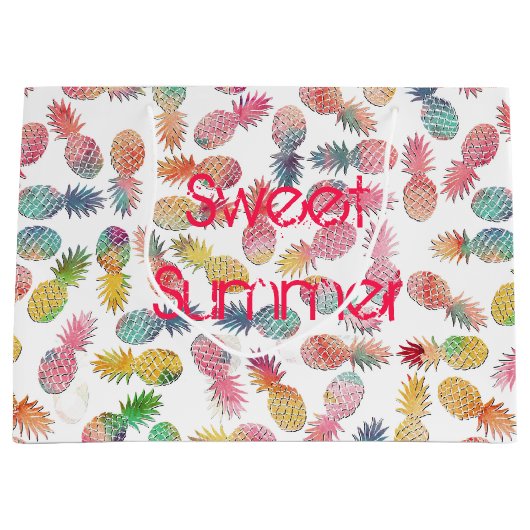 「甘い夏」カッコいい水色のパイナップルのパターン ラージペーパーバッグ (正面)
