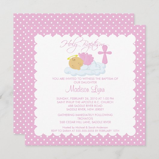 甘い天使の女の赤ちゃん及び十字の洗礼Inviation 招待状 (正面/裏面)