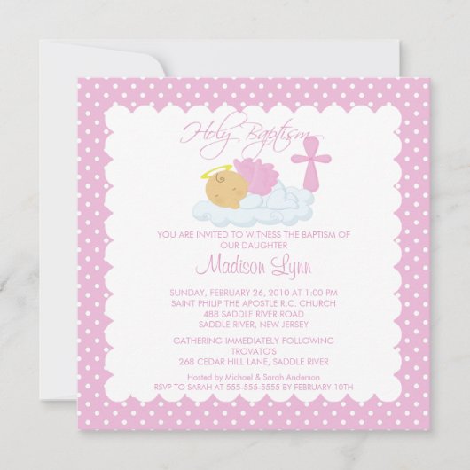 甘い天使の女の赤ちゃん及び十字の洗礼Inviation 招待状 (正面)