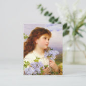 甘い女の子と薄紫花ヴィンテージアート ポストカード (スタンド正面)