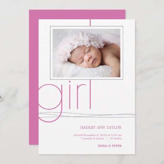 甘い女の子のカスタムな写真の誕生の発表 案内状 (正面/裏面)