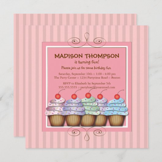 甘い女の子カップケーキ誕生パーティーの招待 招待状 (正面/裏面)