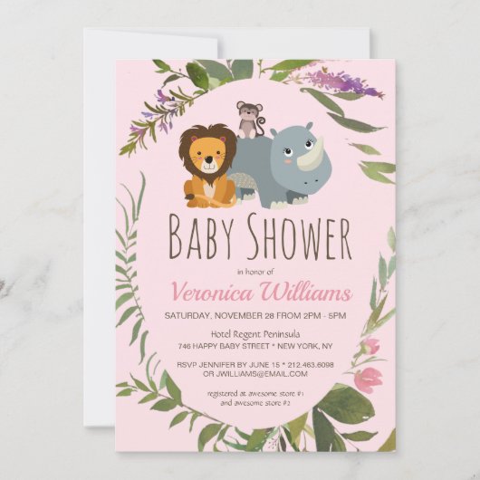 甘い女の子ジャングルサファリ動物ピンクの赤ちゃんシャワー 招待状 (正面)