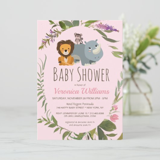 甘い女の子ジャングルサファリ動物ピンクの赤ちゃんシャワー 招待状 (スタンド正面)