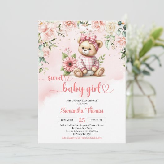 甘い女の子テディベアと花の赤ちゃんシャワー 招待状 (スタンド正面)