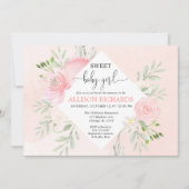 甘い女の赤ちゃんのシャワーの花の赤面のピンクの緑の草木 招待状 (正面)