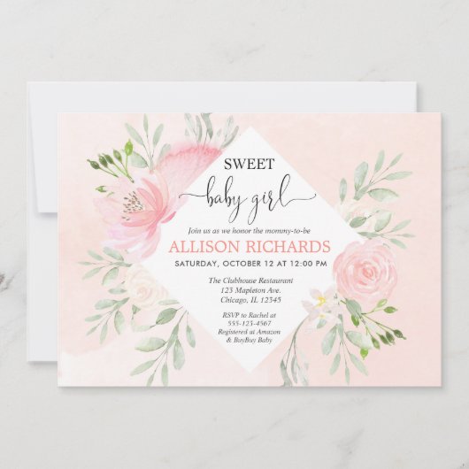 甘い女の赤ちゃんのシャワーの花の赤面のピンクの緑の草木 招待状 (正面)