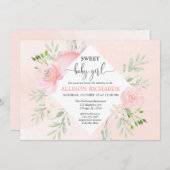 甘い女の赤ちゃんのシャワーの花の赤面のピンクの緑の草木 招待状 (正面/裏面)
