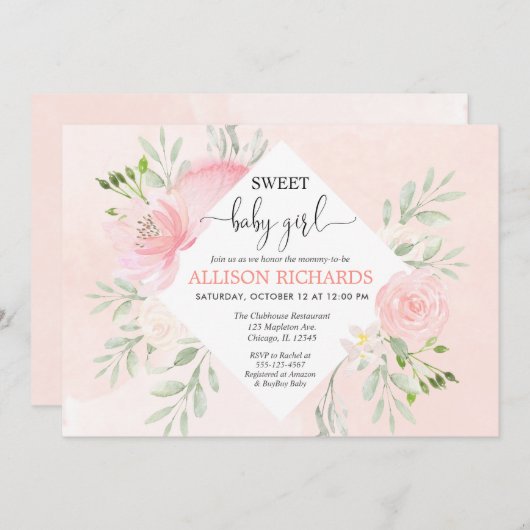 甘い女の赤ちゃんのシャワーの花の赤面のピンクの緑の草木 招待状 (正面/裏面)