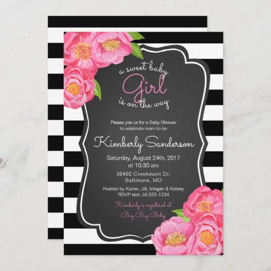 甘い女の赤ちゃんのチョークの花のシャワーの招待状 招待状 (正面/裏面)