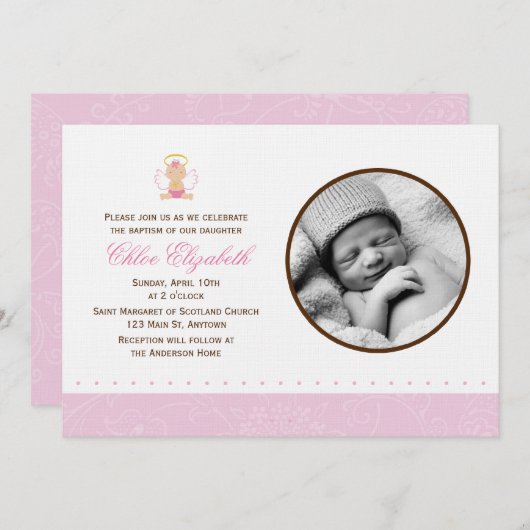 甘い女の赤ちゃんの写真の洗礼 招待状 (正面/裏面)