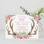 甘い女の赤ちゃんの素朴なbohoの(雄ジカの)枝角のベビーシャワー 招待状 (スタンド正面)