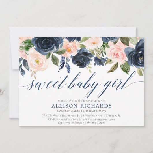 甘い女の赤ちゃんの赤面および海軍女の子のベビーシャワー 招待状 (正面)