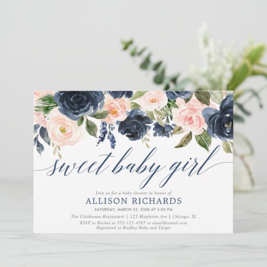 甘い女の赤ちゃんの赤面および海軍女の子のベビーシャワー 招待状 (スタンド正面)